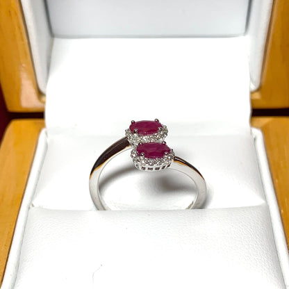 Crossover twist ruby diamond oval double cluster ring white gold