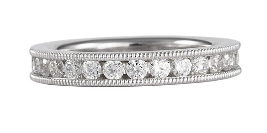 White Gold  Eternity Ring Diamond Channel Setting And Grain Effect Patterned Edging
