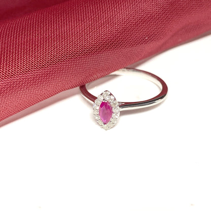 White gold marquise cut real red ruby and diamond cluster ring