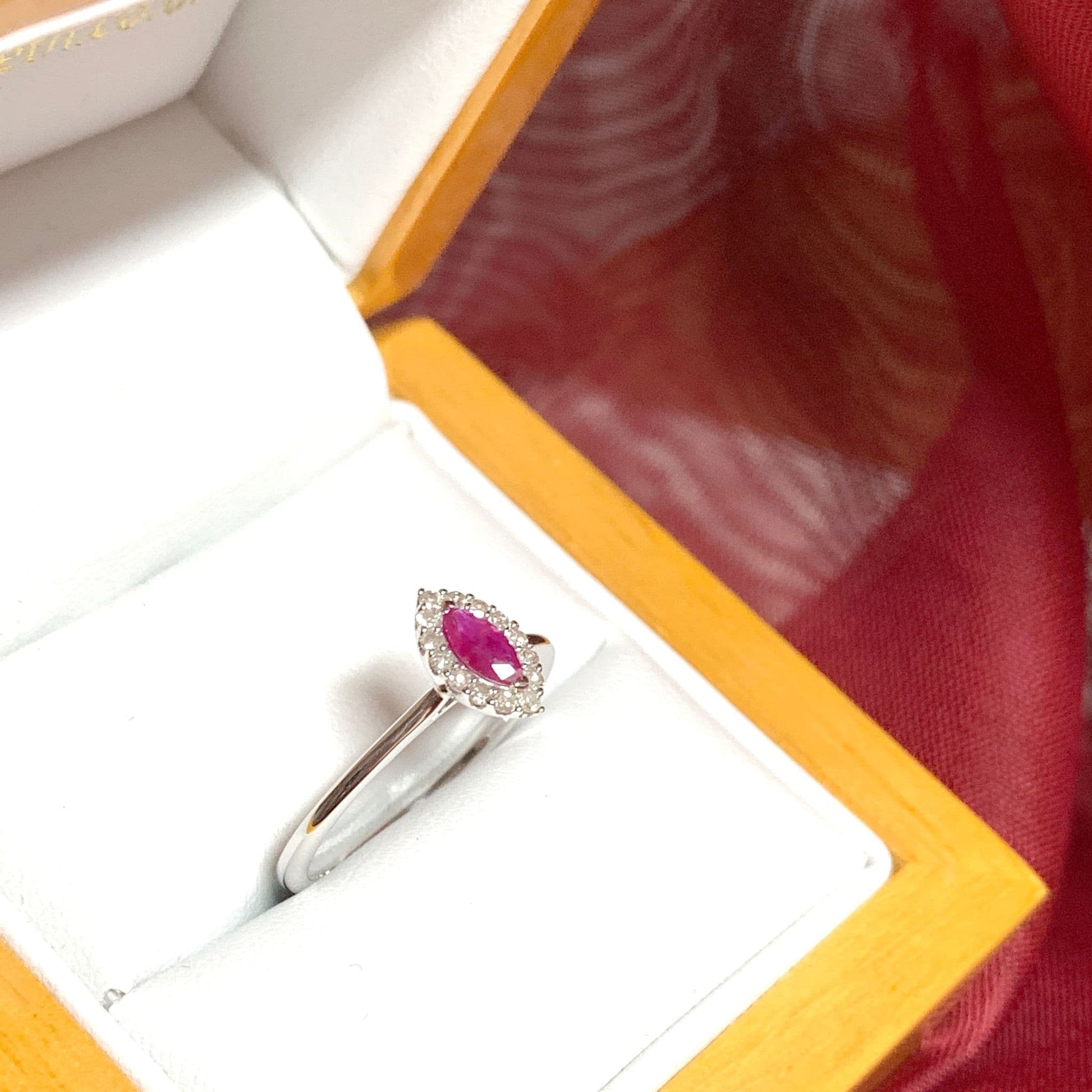White gold marquise cut real red ruby and diamond cluster ring