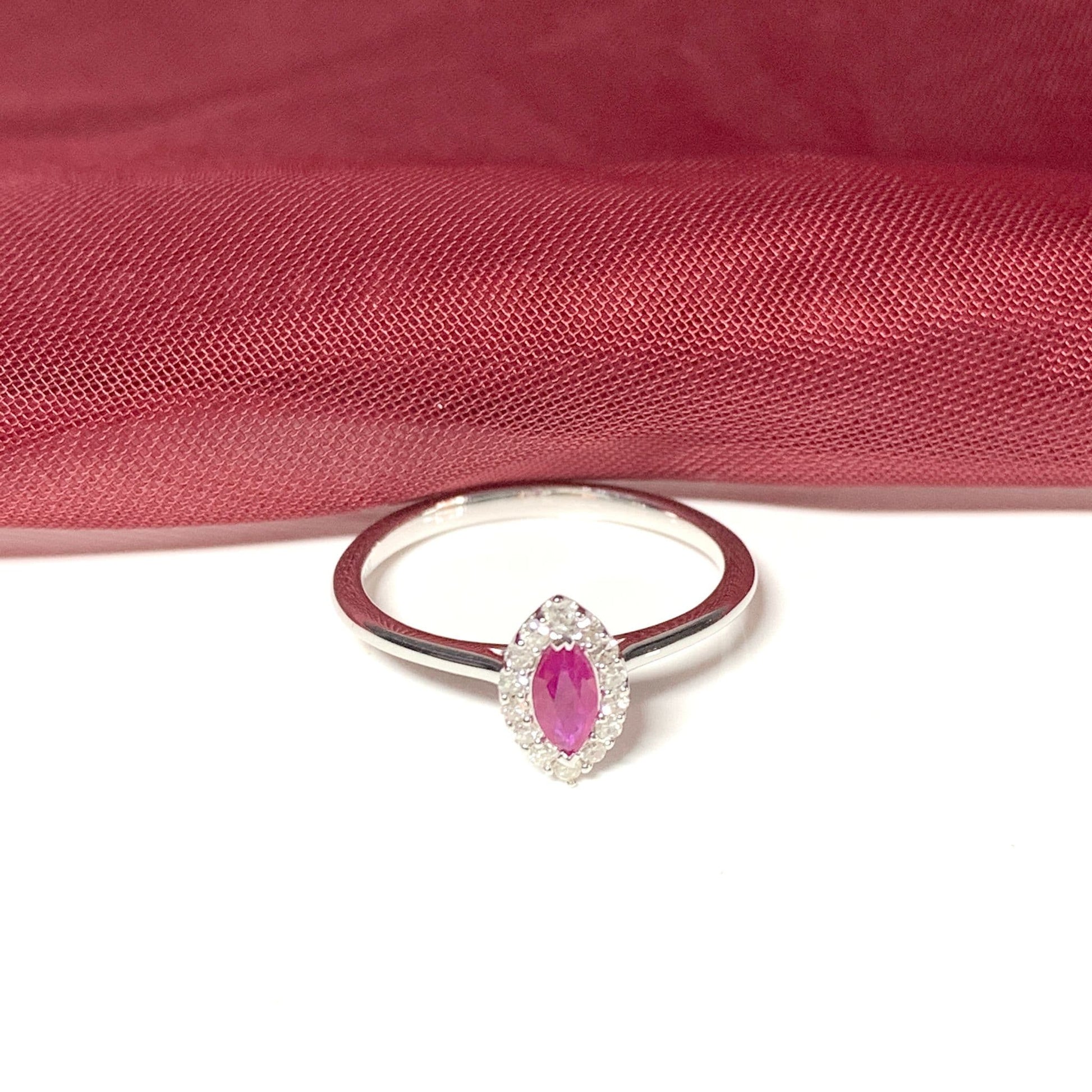 White gold marquise cut real red ruby and diamond cluster ring