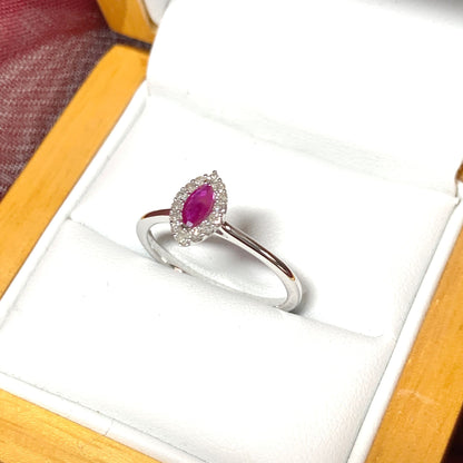 White gold marquise cut real red ruby and diamond cluster ring