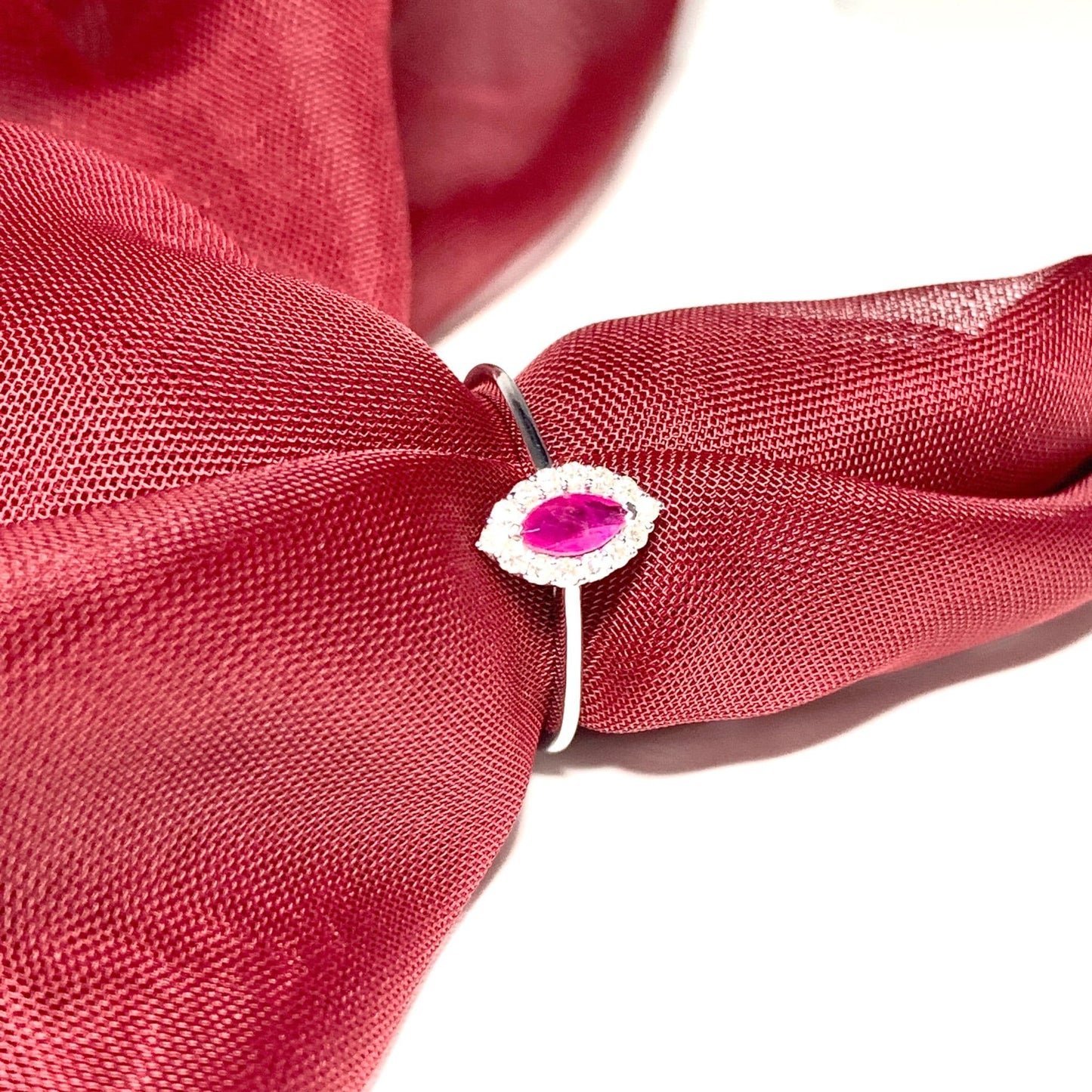 White gold marquise cut real red ruby and diamond cluster ring