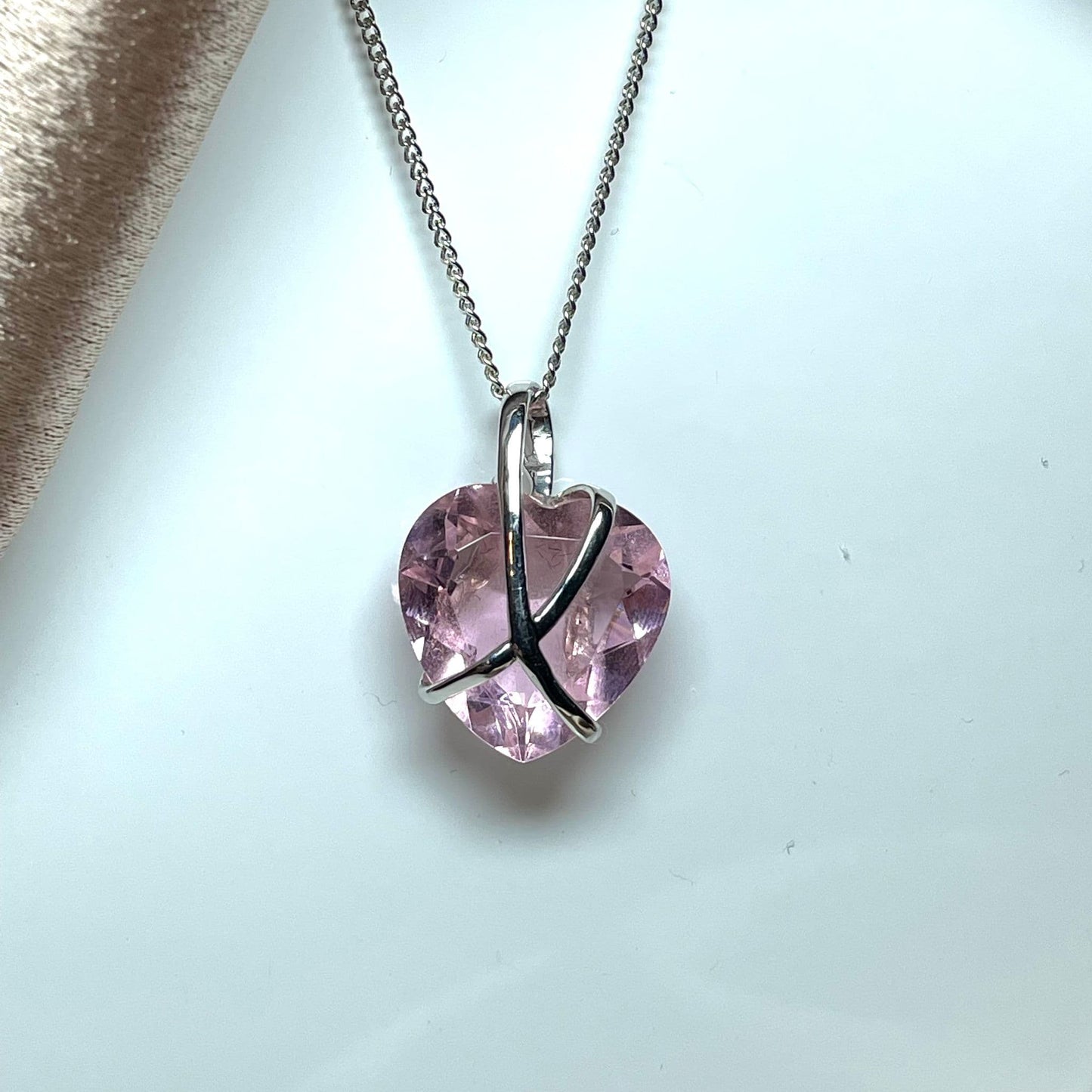 White Gold Pink Quartz Hidden Heart Within A Kiss Necklace