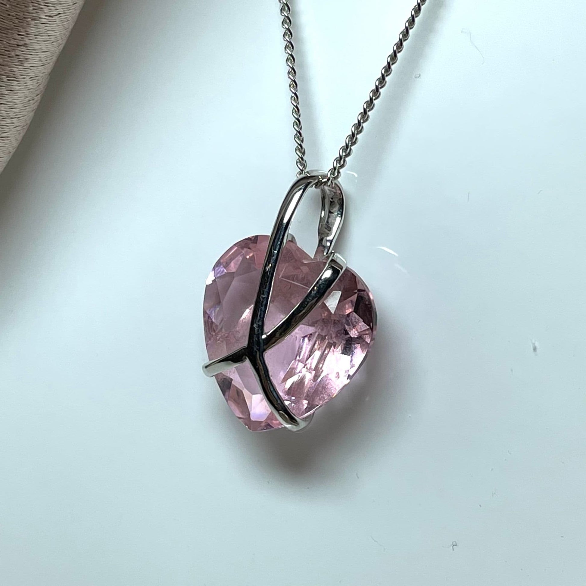 White Gold Pink Quartz Hidden Heart Within A Kiss Necklace