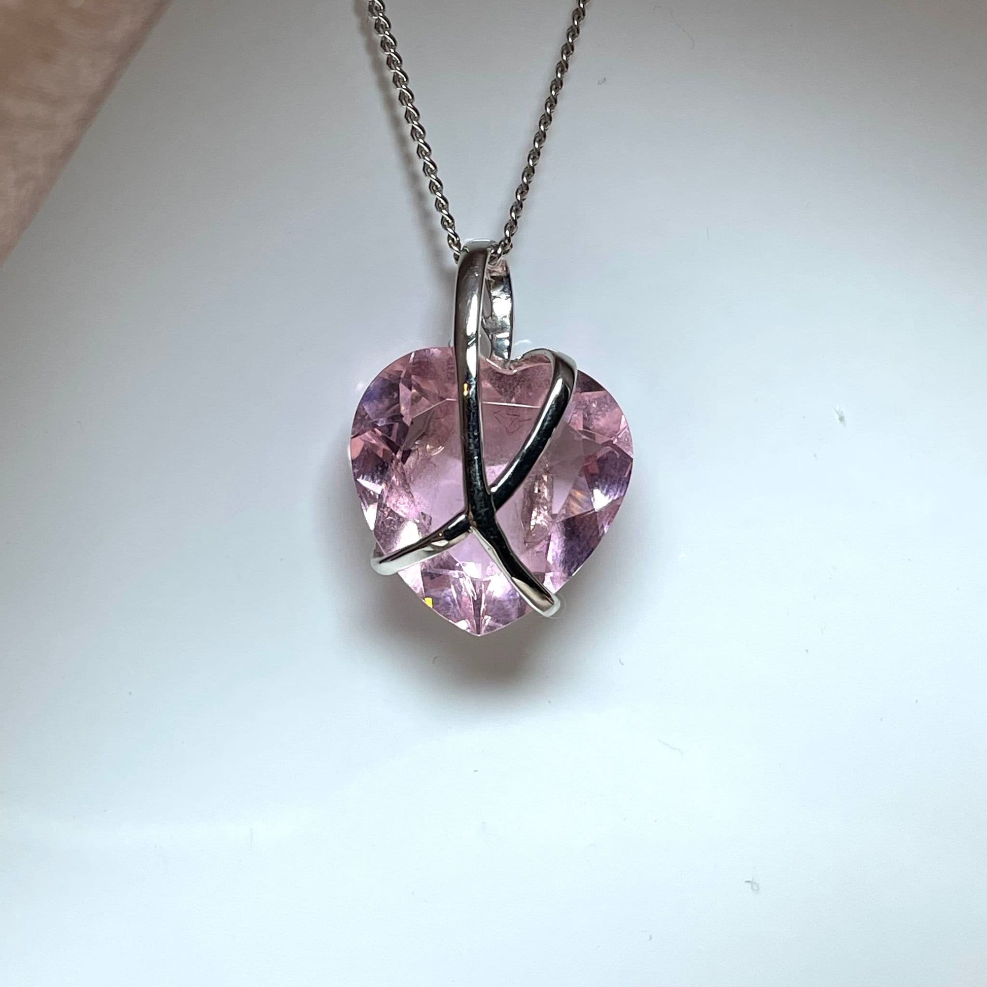 White Gold Pink Quartz Hidden Heart Within A Kiss Necklace