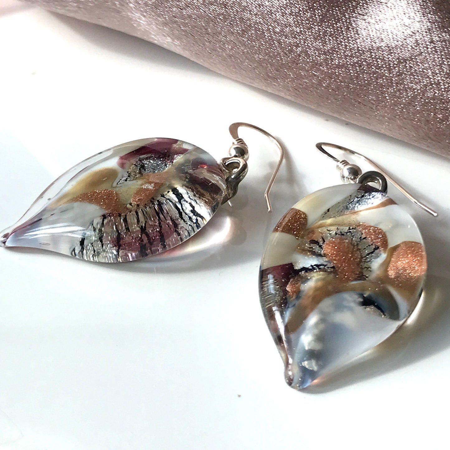 White Copper Murano Glass Leaf Drop Earrings