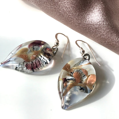 White Copper Murano Glass Leaf Drop Earrings