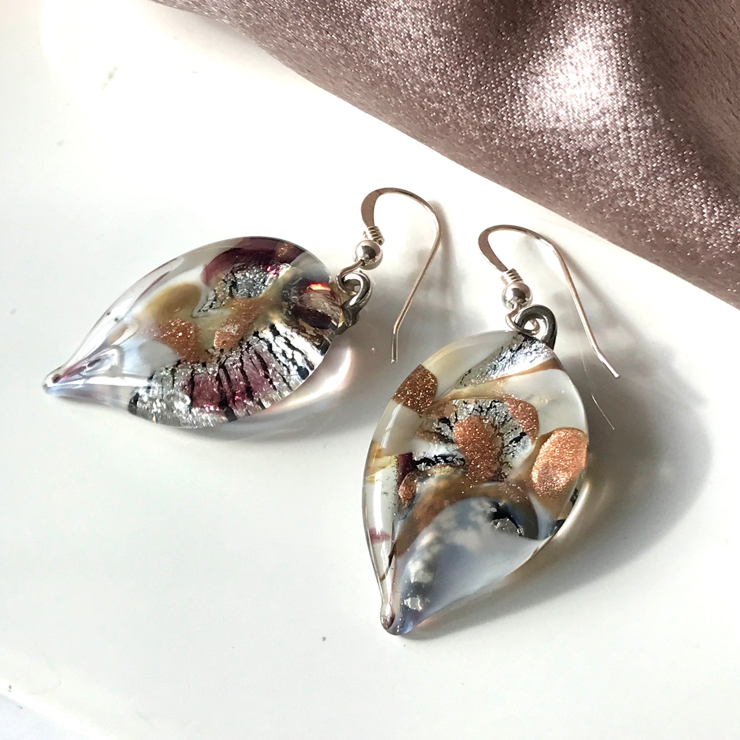 White Copper Murano Glass Leaf Drop Earrings