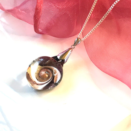 White, brown, black, copper tone real Murano glass necklace pendant