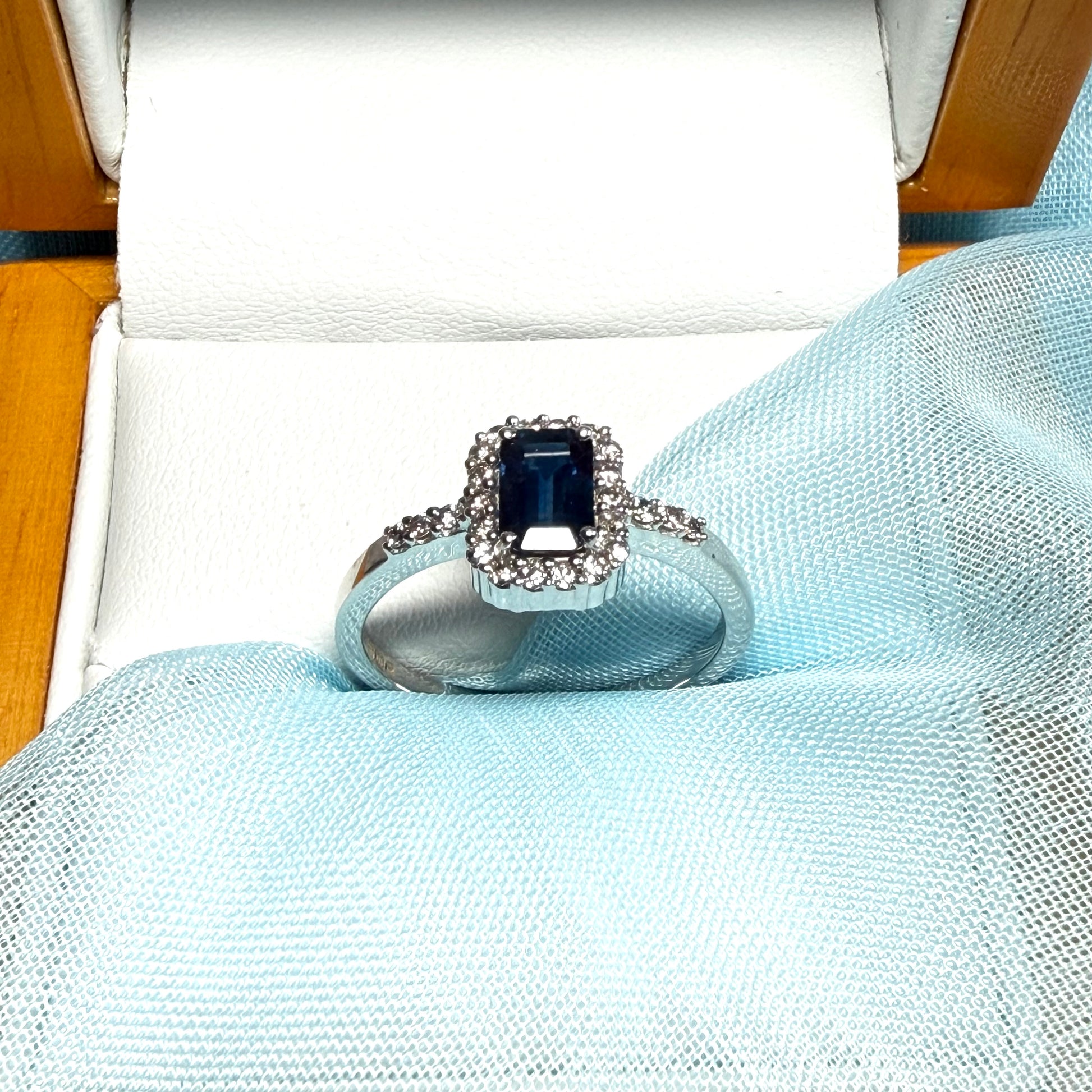 White gold real blue sapphire and diamond square shaped cluster ring