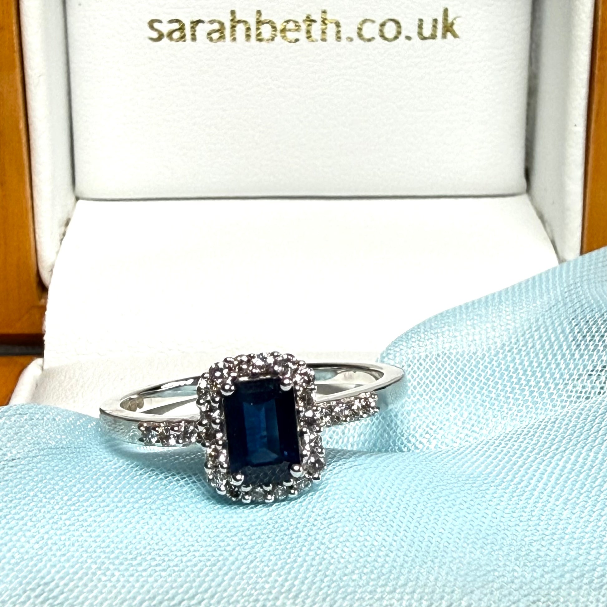 White gold real blue sapphire and diamond square shaped cluster ring