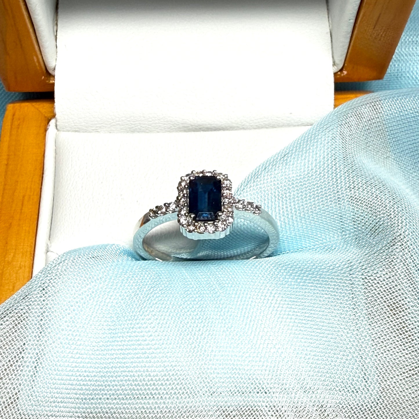 White gold real blue sapphire and diamond square shaped cluster ring