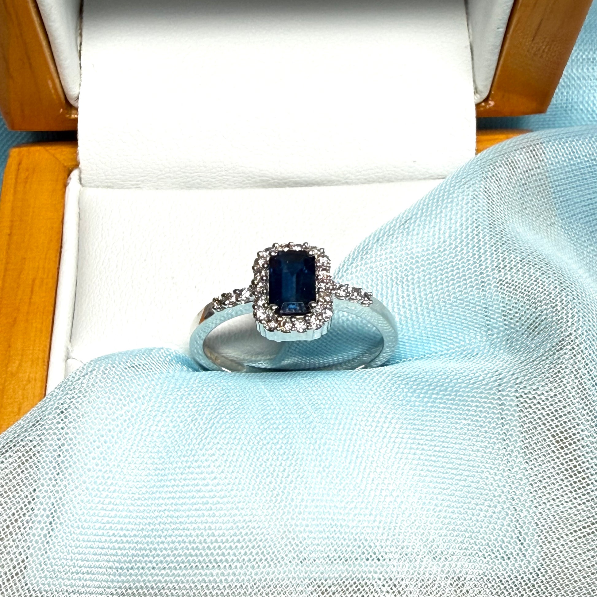 White gold real blue sapphire and diamond square shaped cluster ring