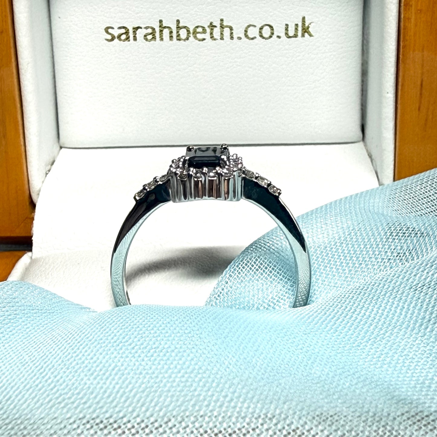 White gold real blue sapphire and diamond square shaped cluster ring