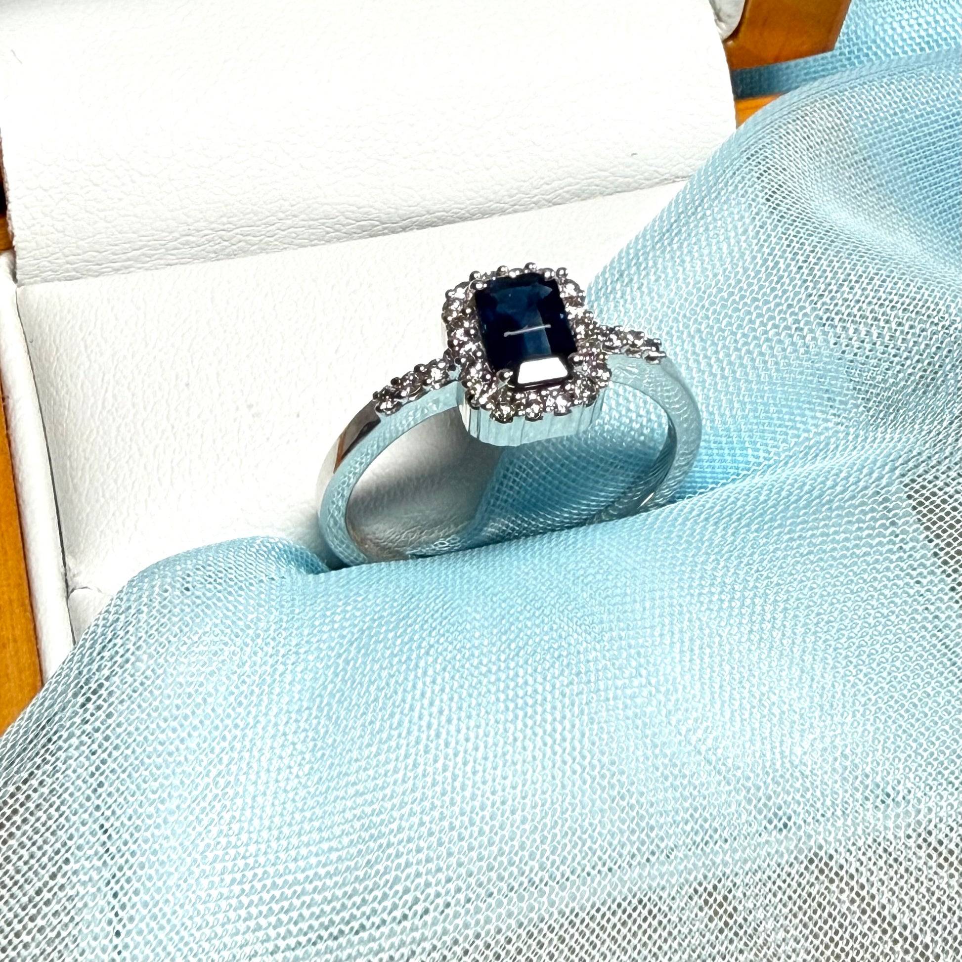 White gold real blue sapphire and diamond square shaped cluster ring