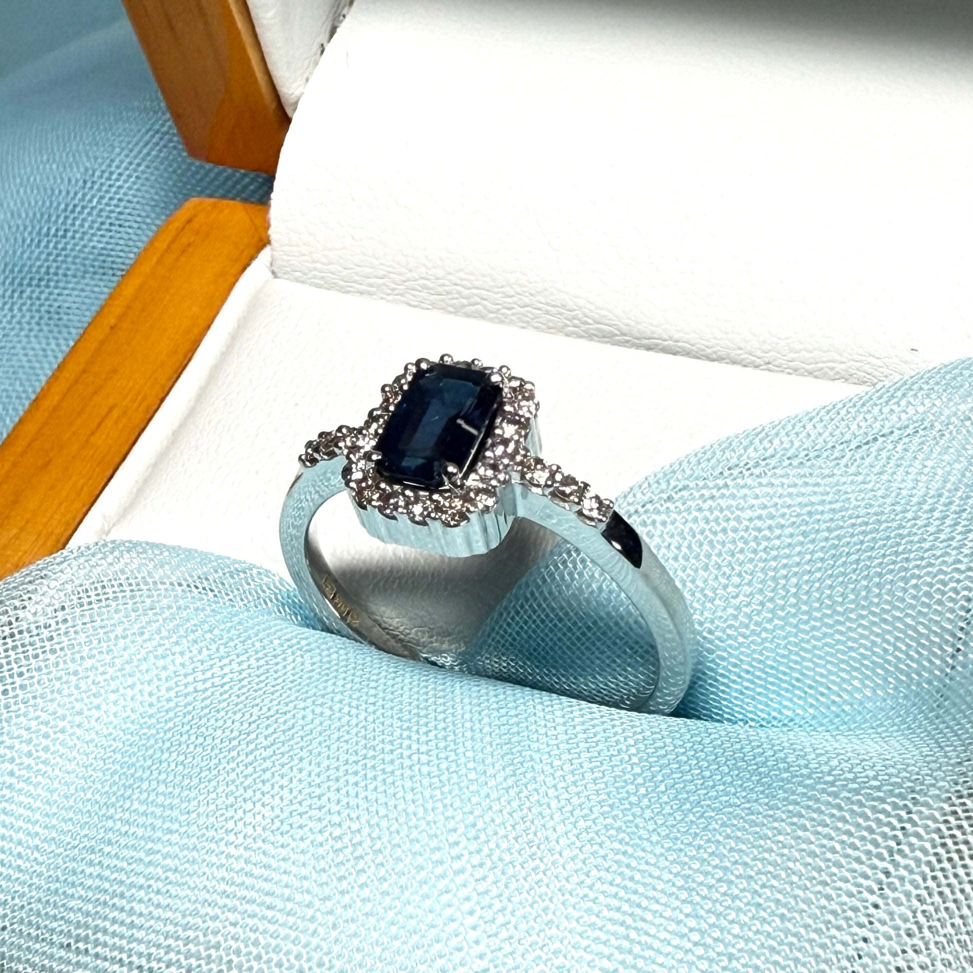 White gold real blue sapphire and diamond square shaped cluster ring
