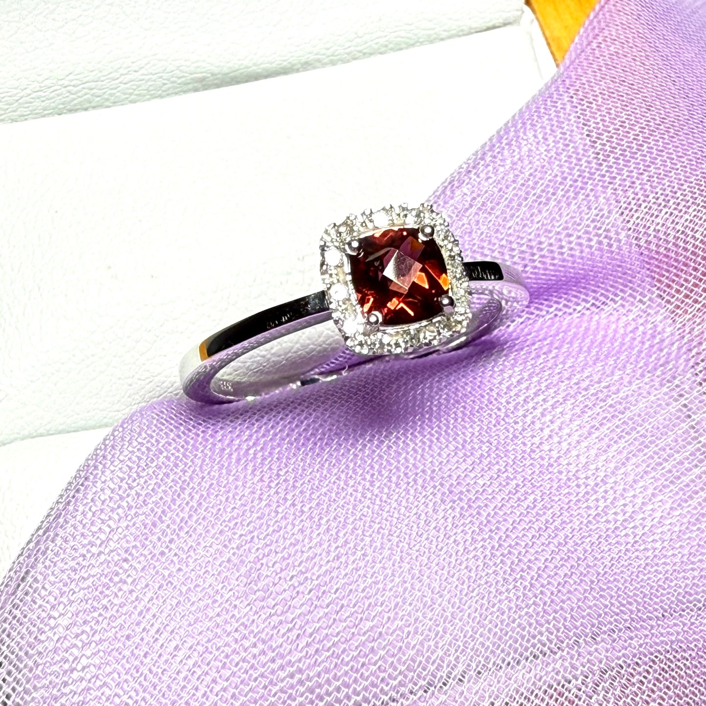 White gold real garnet and diamond cluster ring