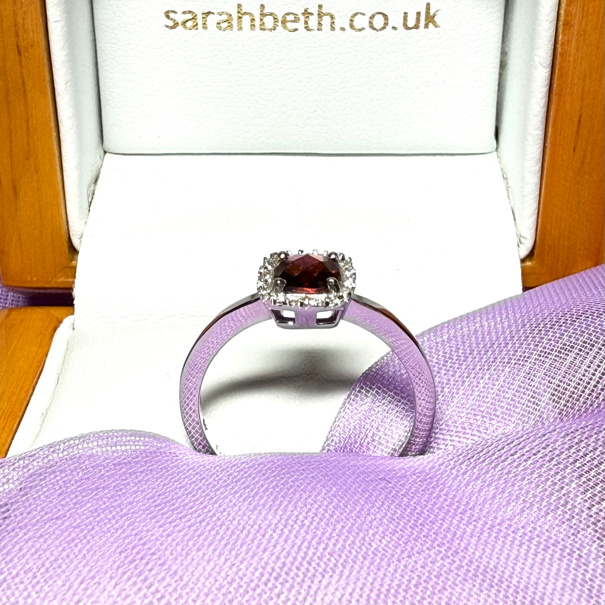 White gold real garnet and diamond cluster ring