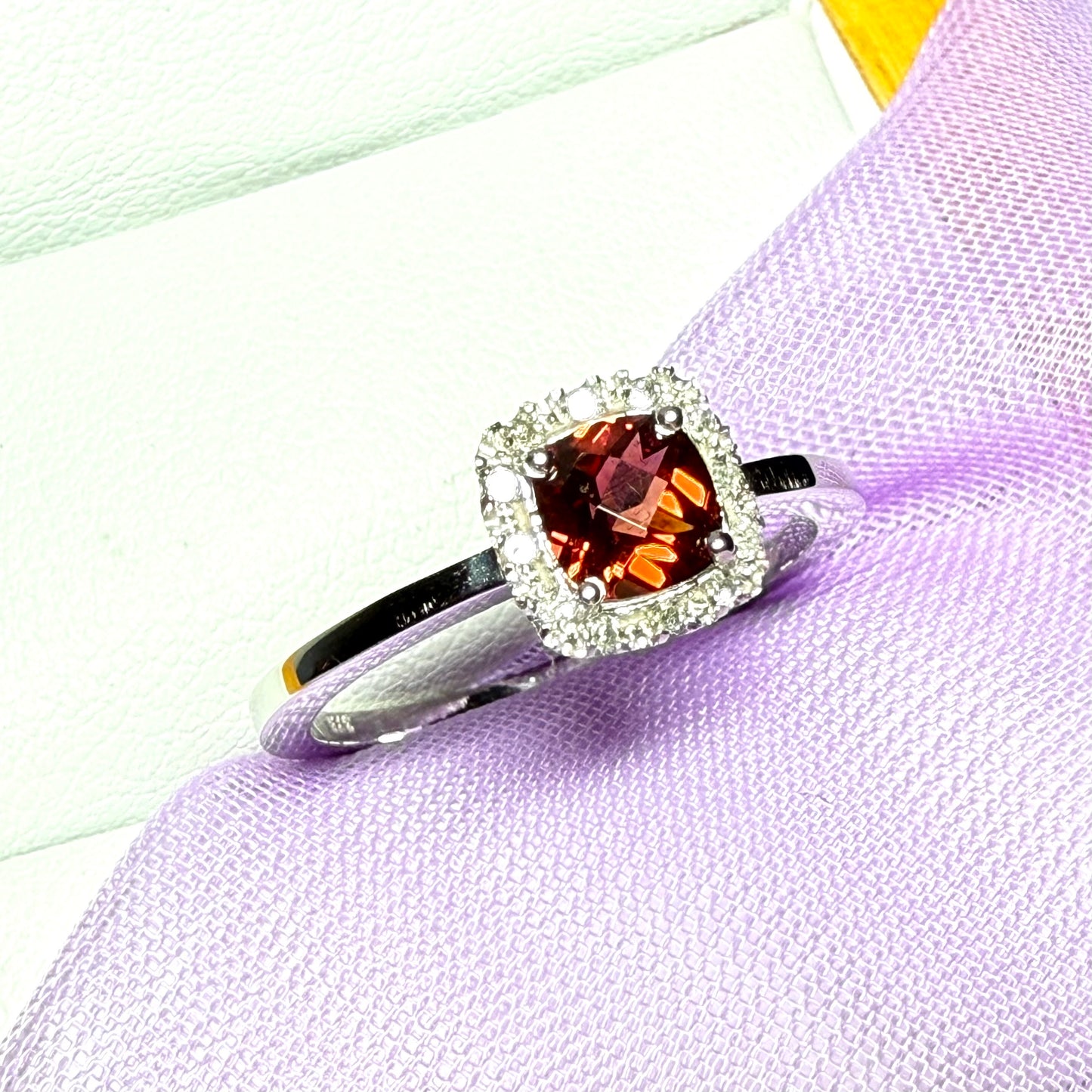 White gold real garnet and diamond cluster ring