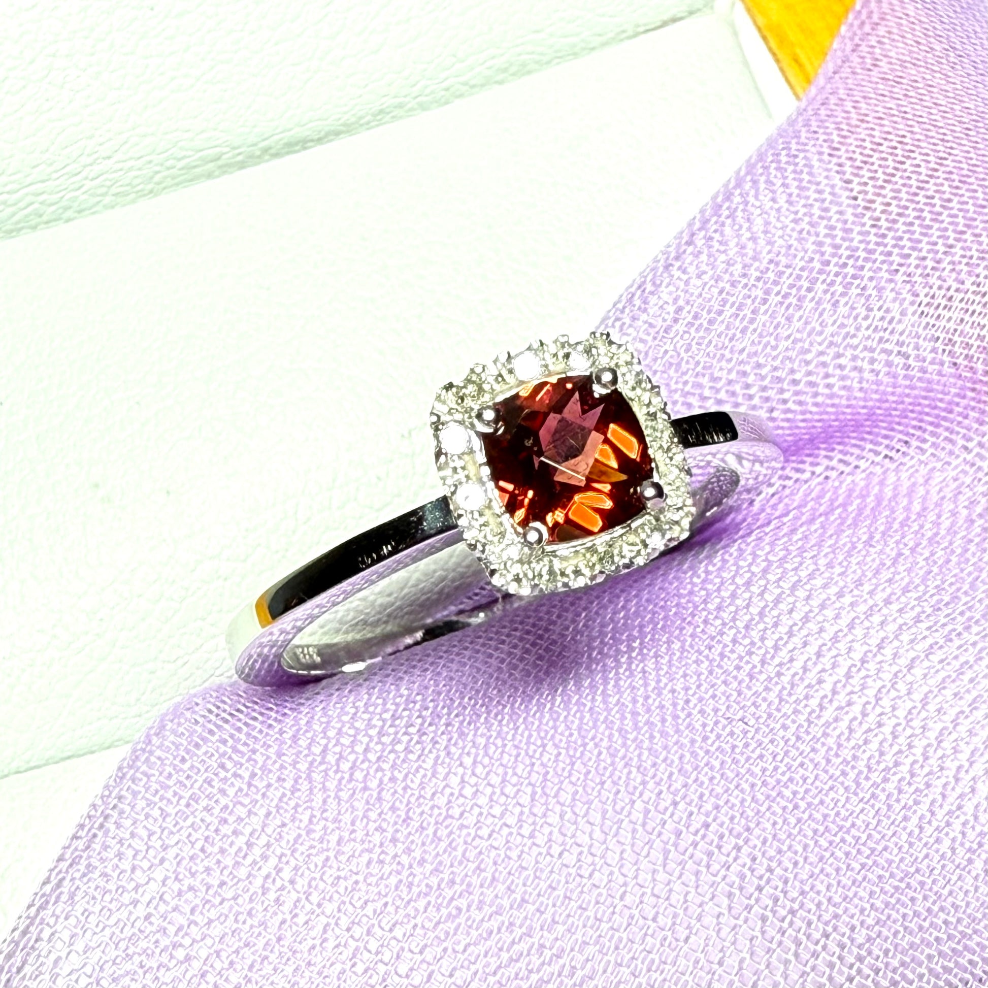 White gold real garnet and diamond cluster ring