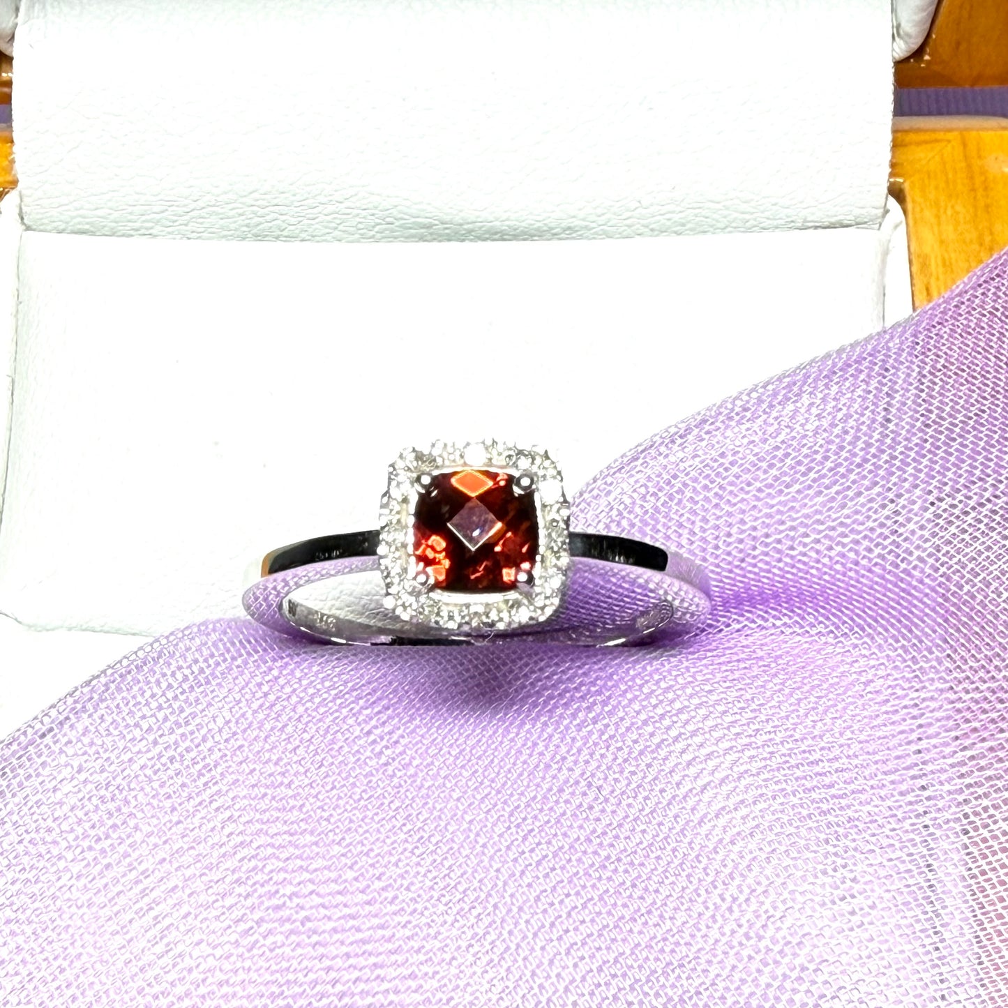 White gold real garnet and diamond cluster ring