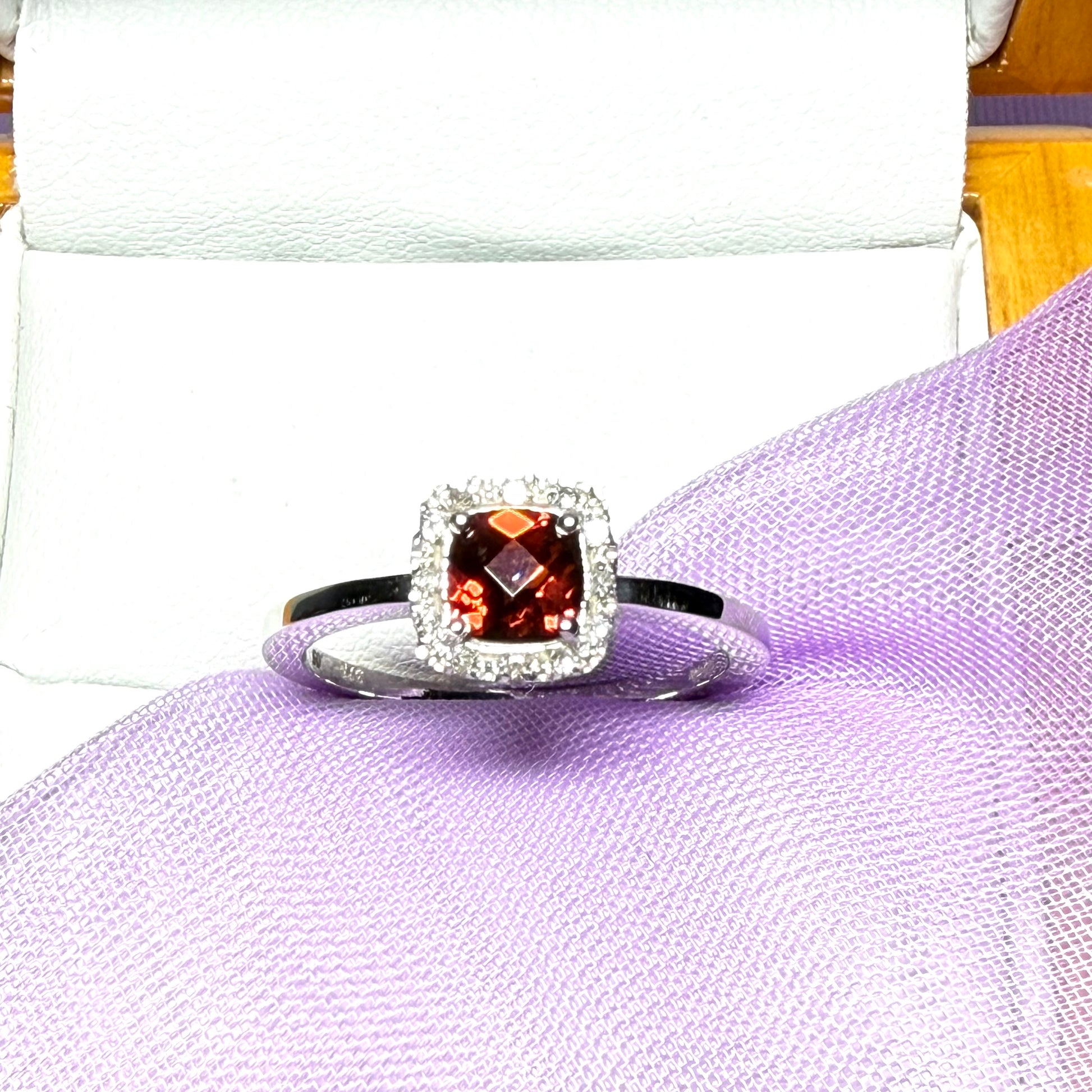 White gold real garnet and diamond cluster ring
