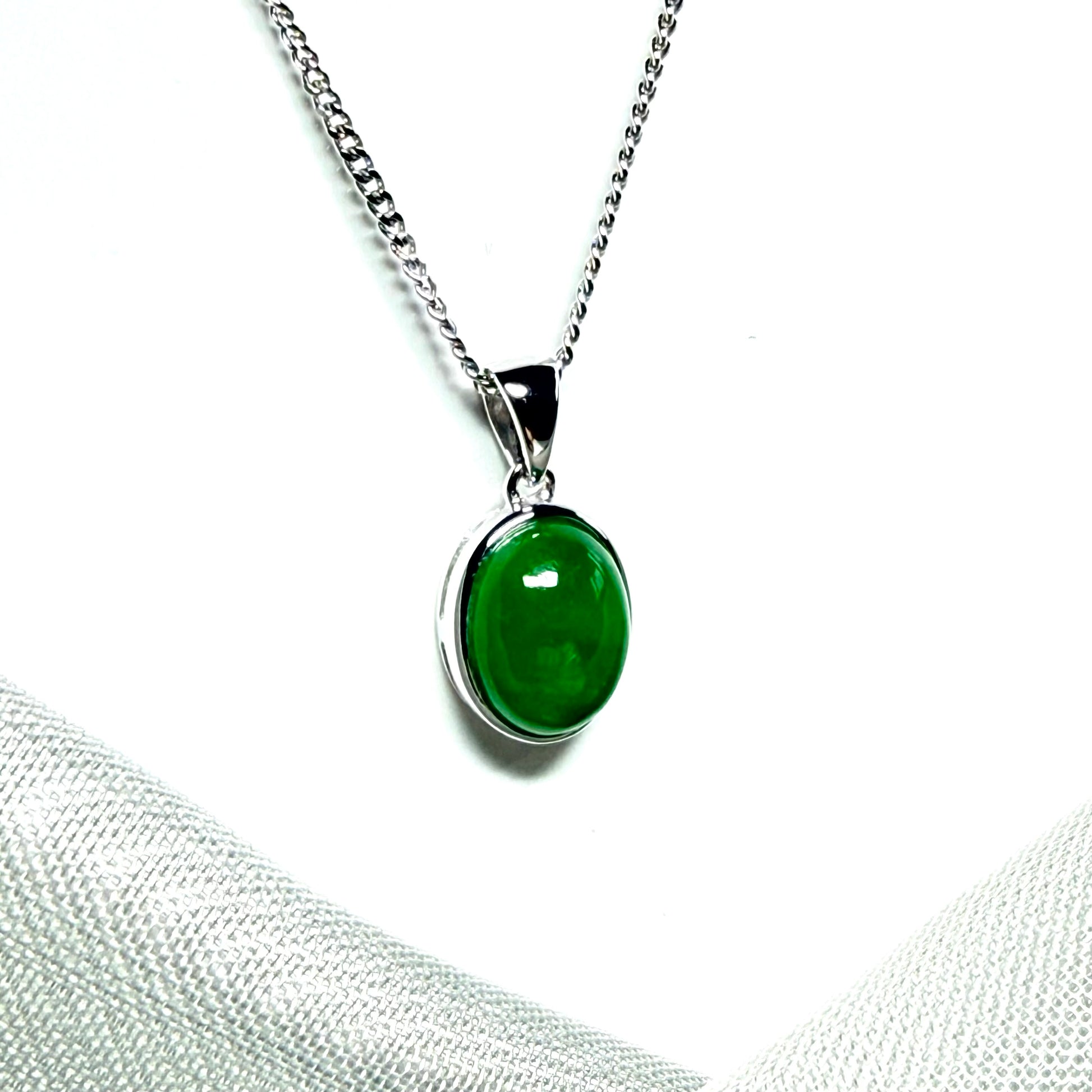 White gold real green jade oval shaped necklace pendant
