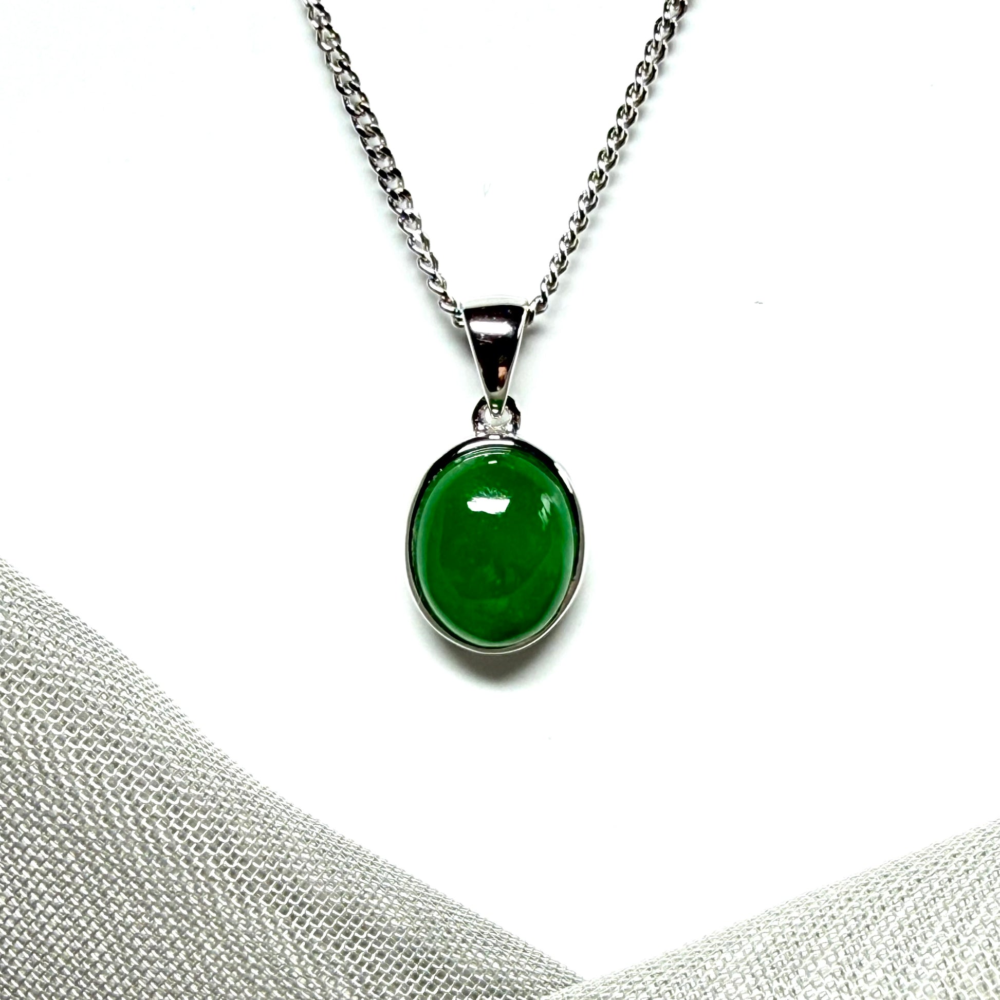 White gold real green jade oval shaped necklace pendant