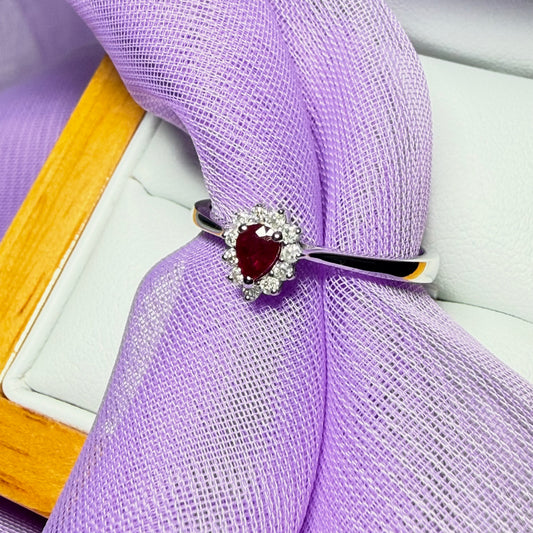 White gold real ruby and real diamond pear teardrop shaped small cluster ring