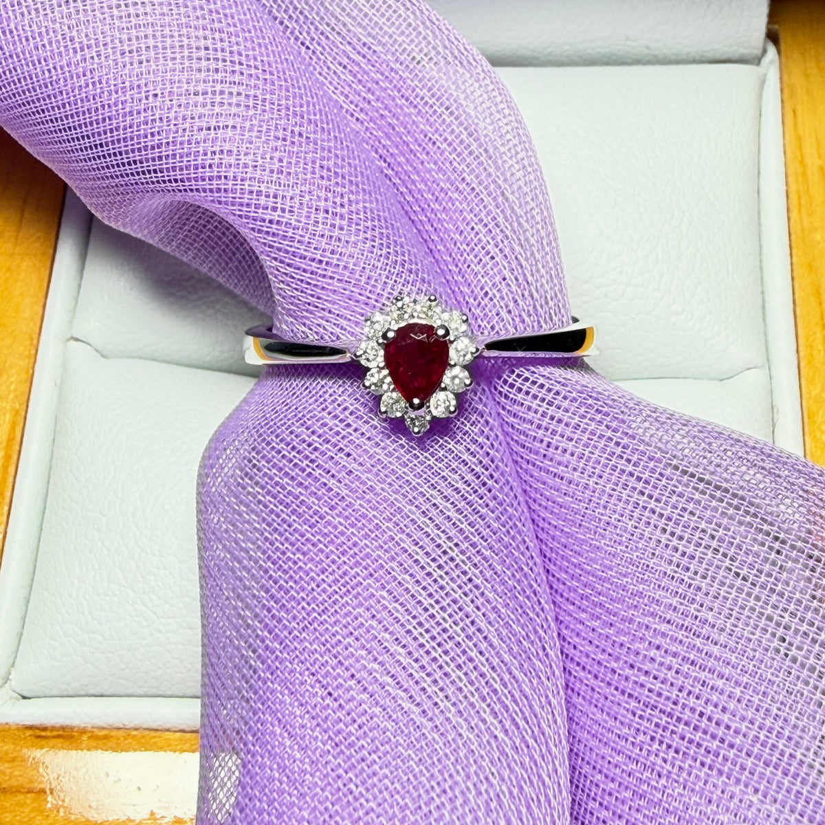 White gold real ruby and real diamond pear teardrop shaped small cluster ring