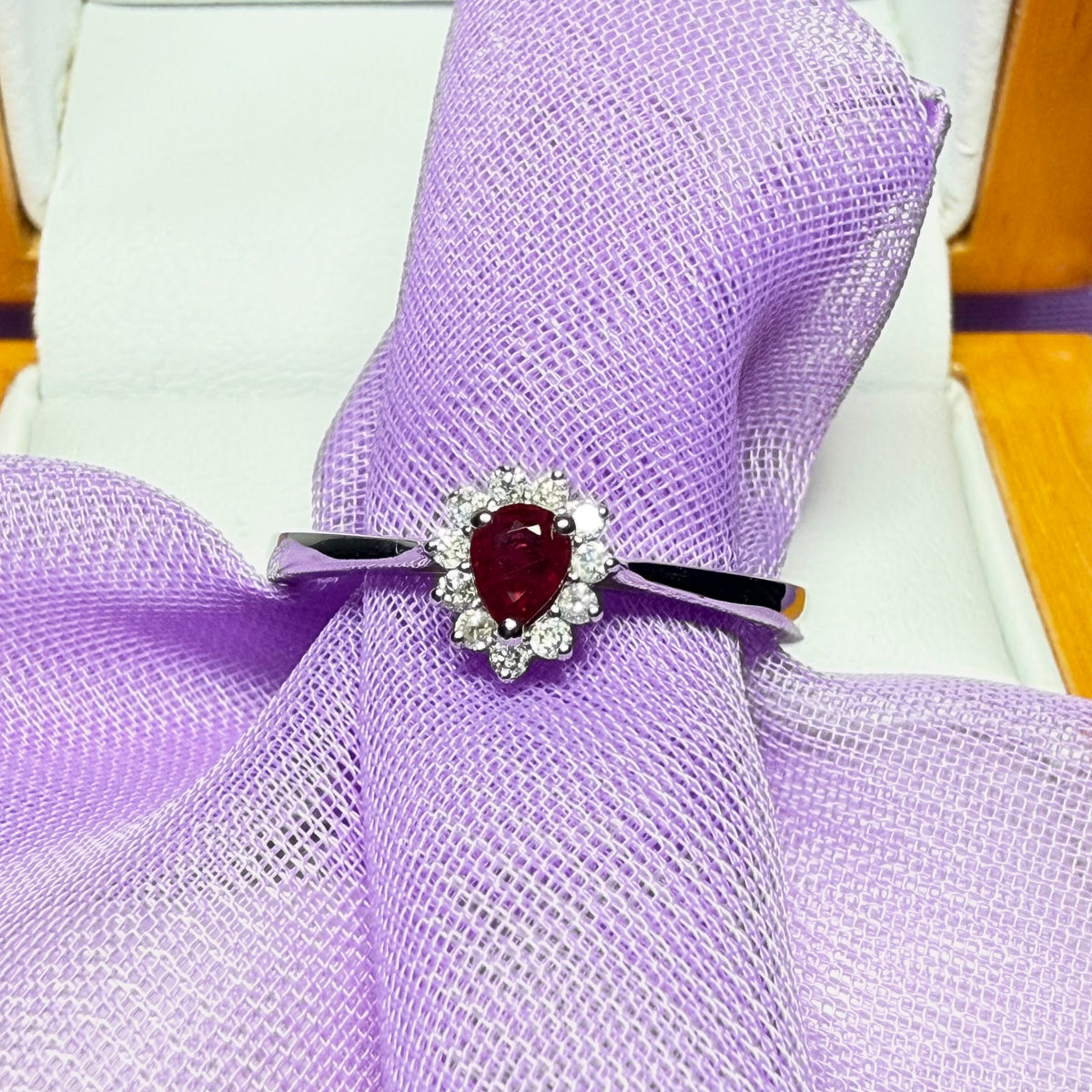White gold real ruby and real diamond pear teardrop shaped small cluster ring
