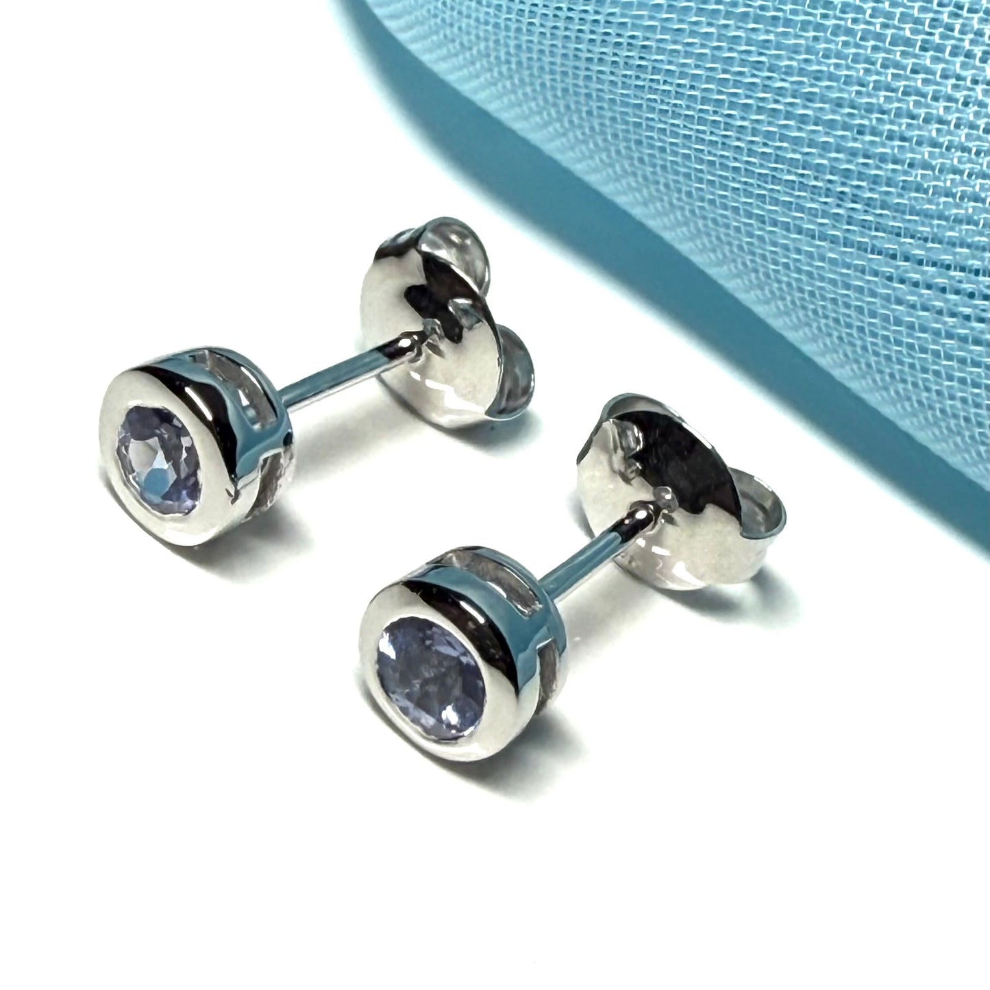 White gold real tanzanite silver round cut smooth rubbed over stud earrings
