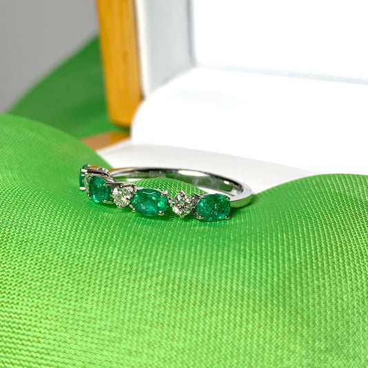 White gold oval green real emerald and diamond eternity ring