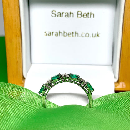 White gold oval green real emerald and diamond eternity ring