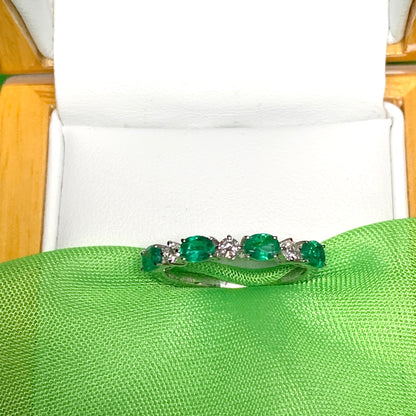 White gold oval green real emerald and diamond eternity ring