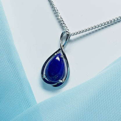 White gold pear teardrop shaped blue lapis lazuli necklace pendant