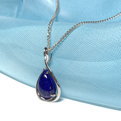 White gold pear teardrop shaped blue lapis lazuli necklace pendant