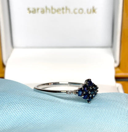 White gold real blue sapphire and diamond claw cluster ring