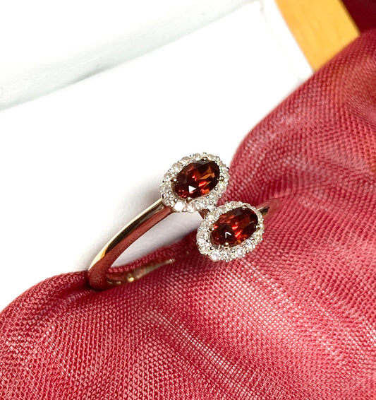 Yellow Gold Crossover Twist Garnet And Diamond Oval Cluster Ring