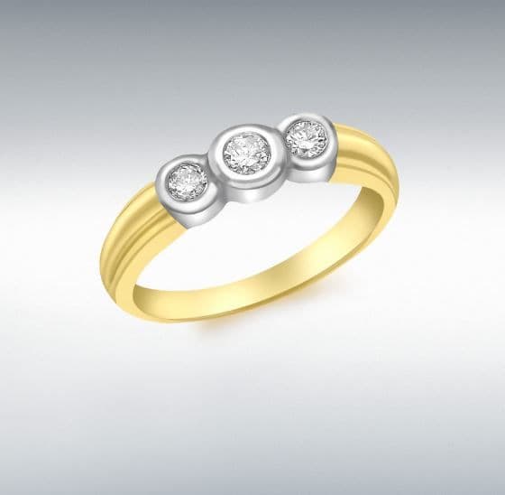 Diamond three stone trilogy ring smooth rubbed over setting yellow gold