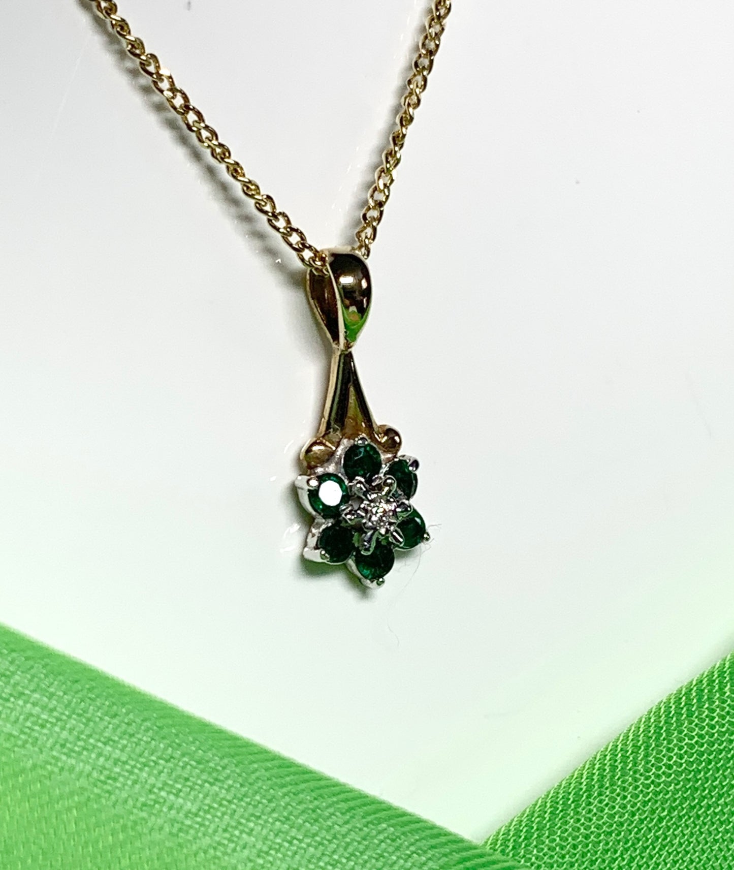 Yellow Gold Emerald And Diamond Necklace Pendant With Chain