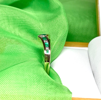 Yellow Gold Green Emerald And Diamond Wishbone Ring Rubbed Smooth Over Setting