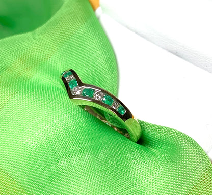 Yellow Gold Green Emerald And Diamond Wishbone Ring Rubbed Smooth Over Setting