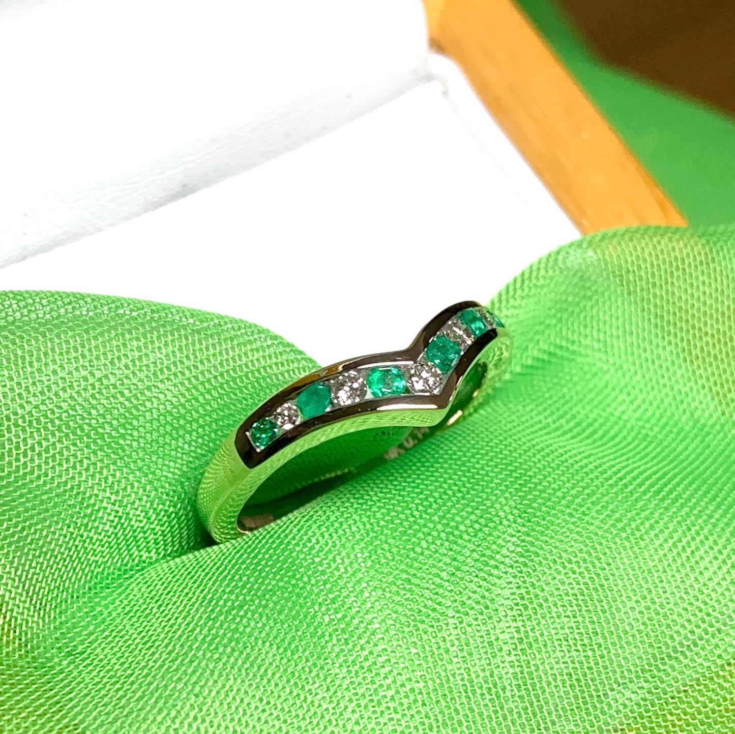 Yellow Gold Green Emerald And Diamond Wishbone Ring Rubbed Smooth Over Setting