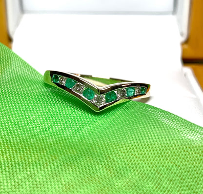 Yellow Gold Green Emerald And Diamond Wishbone Ring Rubbed Smooth Over Setting