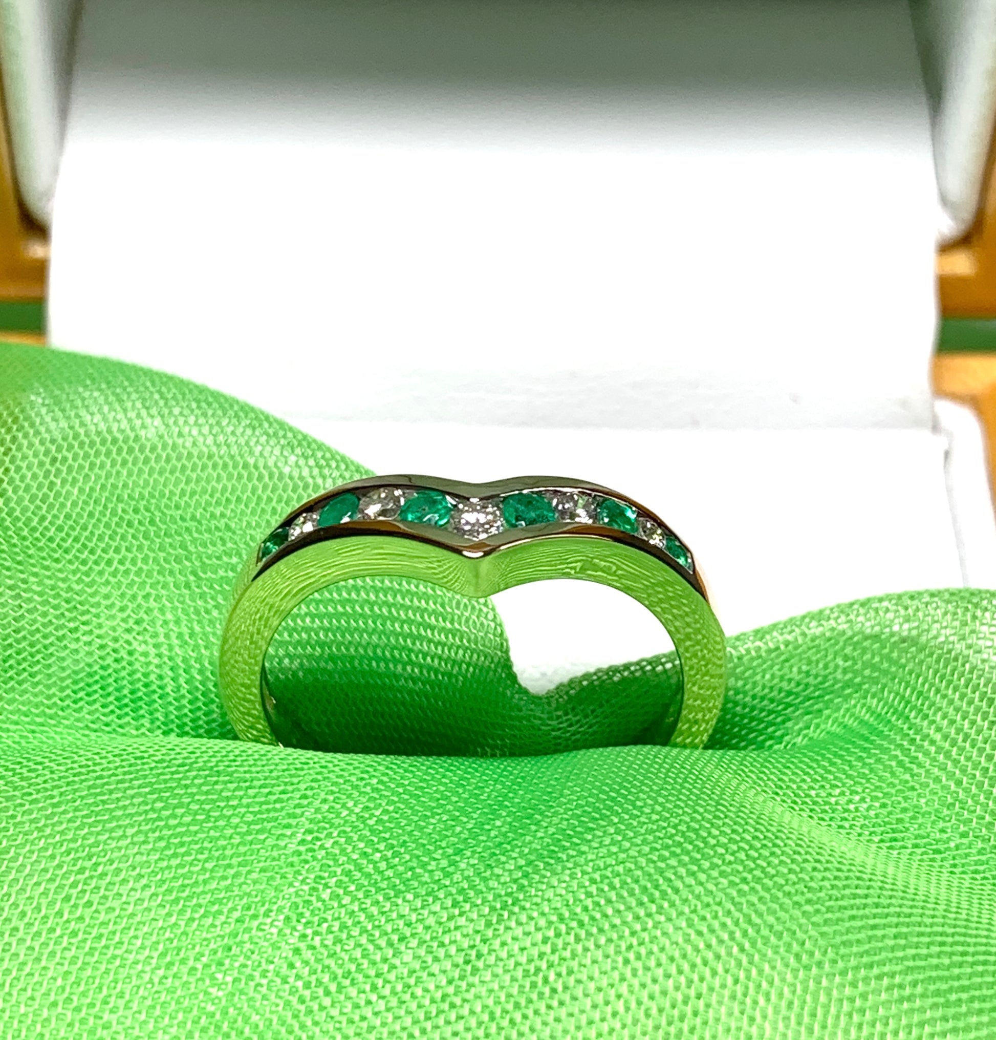 Yellow Gold Green Emerald And Diamond Wishbone Ring Rubbed Smooth Over Setting