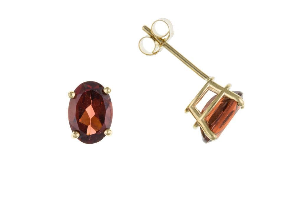 Yellow gold oval garnet stud earrings clawed setting