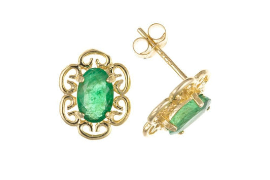 Real emerald earrings oval fancy stud filigree design