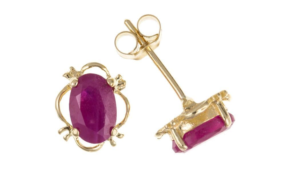 Yellow Gold Pierced Oval Ruby Stud Earrings